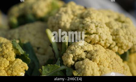 High-Resolution Image: Fresh Cauliflower at a Bustling Indian Market #cauliflower, #vegetablemarketindia ,#indianvegetables ,#freshcauliflower, #india Stock Photo