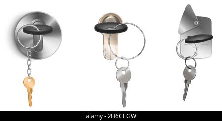 Keys bunch on metal ring and keyhole isolated on white background. Vector realistic set of 3d holes in door lock, handle or padlock, locksmith tools for property safety Stock Vector