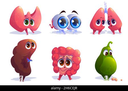 Cartoon organs characters thyroid, eyes, lungs and spleen with intestine and gallbladder. Human body anatomy, medical emoji, comic mascots with kawaii smiling faces, Vector illustration, icons set Stock Vector