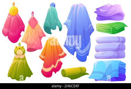 Set of bath towels, kitchen textile, cloth for spa, beach, shower fabric rolls lying in stack. hygiene accessories, hanging clothing blanket handkerchief for kids or adults Cartoon vector illustration Stock Vector