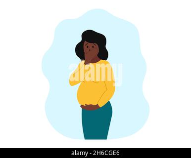 Pregnancy toxicosis. Pregnant woman suffering from nausea and vomiting. Adult african american expectant mother. Morning sickness. Vector concept Stock Vector