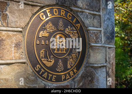Georgia State Park seal on the entrance signage at Don Carter State Park  in Gainesville, Georgia. (USA) Stock Photo
