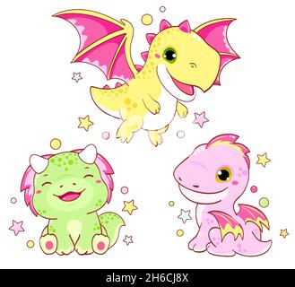 Set of kawaii fairy tale characters. Little dragons in various poses. Collection of funny happy baby dragons - flying, sitting, smiling. Cute fairytal Stock Vector