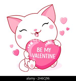 Cute Valentine card in kawaii style. Little white cat with big pink heart. Inscription Be my Valentine. Can be used for t-shirt print, stickers, greet Stock Vector