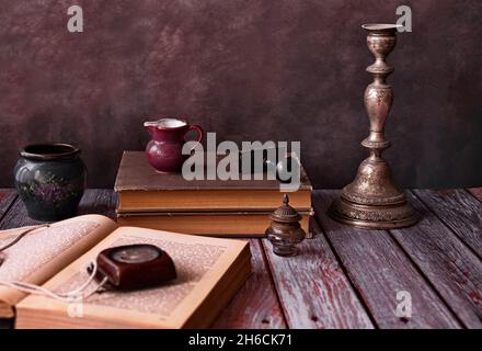 Still life vintage objects on wooden rustic background Stock Photo