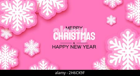 Sugar Pink Christmas snowflake applique in paper cut style. Cute Winter holidays. Merry Christmas and Happy New Year. Space for text. Vector. Stock Vector