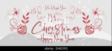 We Wish You a Verry Merry Christmas and a happy New Year - Festive holiday card design with winter landscape with snow and snowflakes - Vector Stock Vector