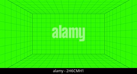 3d wireframe grid room. 3d perspective laser grid. Cyberspace green background with black mesh. Futuristic digital hallway space in virtual reality Stock Vector