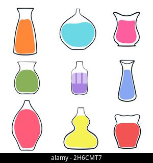 Vases set line art, vector illustration. Vessels of different shapes for flowers. Collection of interior jugs, room decoration. Modern design elements Stock Vector