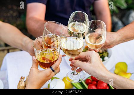 Happy family having dinner at the summer garden party and clinking drinks. People say toast and drink. Festive family dinner in the backyard. Male and Stock Photo