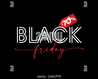 Black Friday, up to 70% off discount label banner. Special offer typography text, red tag for hot sale design. Autumn promotion sticker, vector card Stock Vector