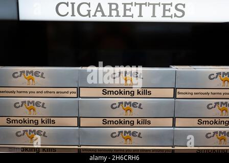 Pack of Camel cigarettes seen displayed on the shelf of Duty Free store in Boryspil International Airport Stock Photo
