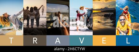 Travel lifestyle header banner concept. Vertical collage of pictures men and women enjoying summer holidays in outdoors. Traveler life of happy people Stock Photo