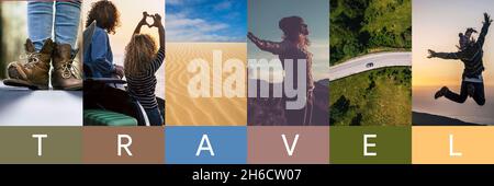 Pastel banner tones travel destinations and happy free people concept. Header for summer holiday vacation men and women lifestyle. Outdoor leisure act Stock Photo