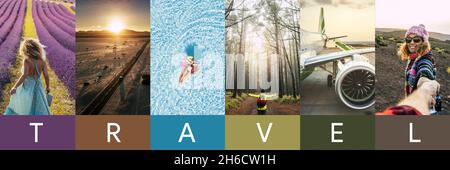 Travel concept background. Summer concept. Header format with copyspace, vertical stories collection. Banner with people photos having fun and enjoyin Stock Photo