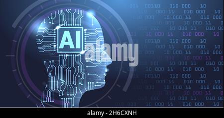 Machine learning concept in form of men face outline outline with circuit board and binary data flow on blue background. Stock Vector