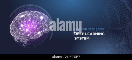 AI Human brain concept illustration with purple teal colors and glow Stock Vector
