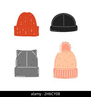Set of warm hats. Seasonal autumn or winter clothes. Vector flat illustration Stock Vector