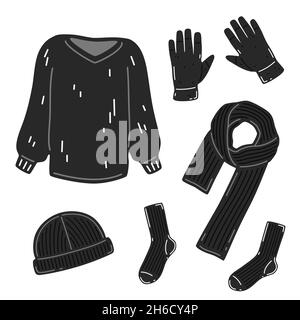 Set of warm winter or autumn clothes in black. Vector flat illustration Stock Vector