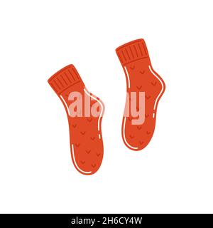 Warm red knitted socks. Seasonal autumn or winter clothes. Vector flat illustration Stock Vector