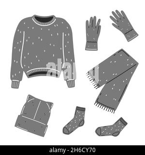 Set of warm winter or autumn clothes in grey. Vector flat illustration Stock Vector