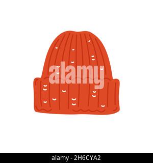 Warm red knit cap. Seasonal autumn or winter clothes. Vector flat illustration Stock Vector