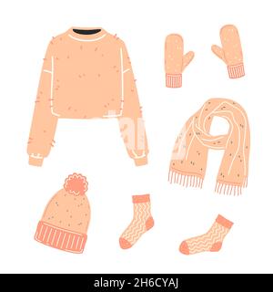 Set of warm winter or autumn clothes in pink. Vector flat illustration Stock Vector