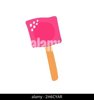 Cartoon round candy on a stick. Lollipop isolated on white background. Hand-drawn pink sweet dessert with square wrapping for kids party, Easter, birt Stock Vector