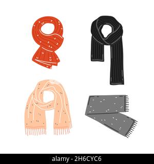 Set of warm knitted scarves. Seasonal autumn or winter clothes. Vector flat illustration Stock Vector