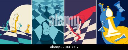 Collection of posters with chess pieces. Placard designs in doodle style. Stock Vector