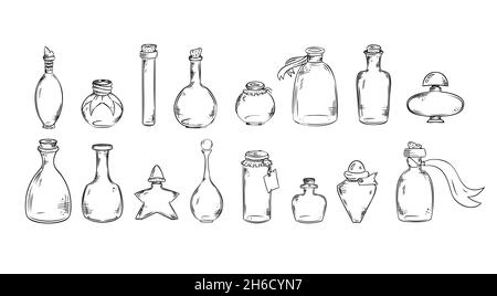 Set of vector line art: flasks, bottles, jars. Stock Vector