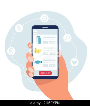 Hand holds a phone with a list of groceries. Online shopping. Vector illustration in a flat style. Stock Vector