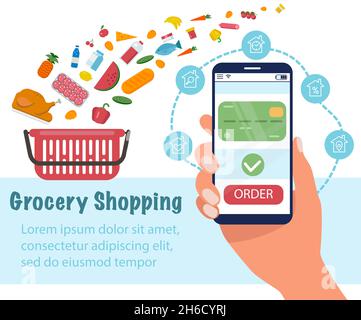 Hand with a phone for ordering products online. Order from your smartphone and pay by credit card. A basket with different products. Stock Vector