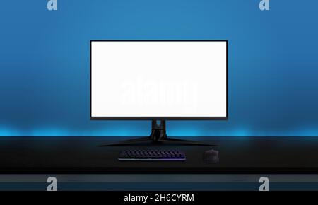 Gaming display mockup on black desk with gaming keyboard and mouse. Blue wall with ambient lights in background. Game promotion concept Stock Photo