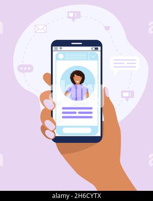 Hand with the phone. Social media profile. Smartphone with female avatar, text and button. Black woman. Icons with likes and messages differ. Vector. Stock Vector