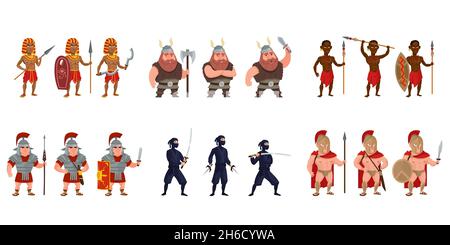 Big set of warriors in different poses. Characters in cartoon style. Stock Vector