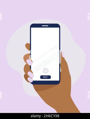 A female hand holds a smartphone with a blank screen and the inscription buy. Online shopping concept. Pink background. Vector flat illustration. Stock Vector