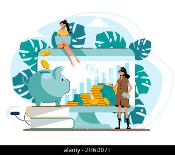 Screen with a graph of growth, gold coins and banknotes. Women are monitoring the growth of cash investments. Investment, finance concept. Vector. Stock Vector