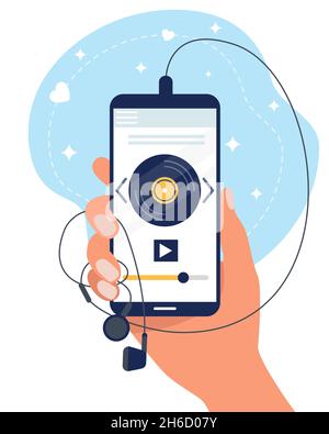 Smartphone in hand with a music player and headphones. Music app concept. Vector flat illustration. Stock Vector