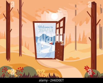 Welcome to winter. Autumn landscape with an open door in the winter. Winter mood. Vector illustration. Stock Vector