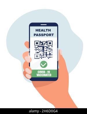 Vaccine passport. Coronavirus immune passport QR code icon. Smartphone with immune health passport for covid-19. Passport immunity for travel in time. Stock Vector