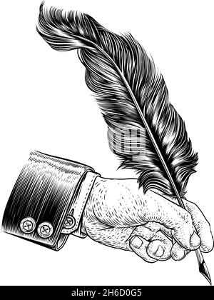 Quill Feather Ink Pen Hand Suit Vintage Woodcut Stock Vector