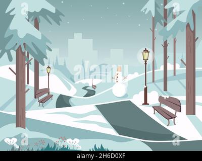 Winter city park on the background of the city. Landscape with benches, lanterns, a road and a snowman. Coniferous forest. Vector illustration. Stock Vector