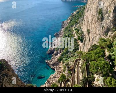 Winding path to Marina Piccola on Capri island in southern Italy Stock Photo