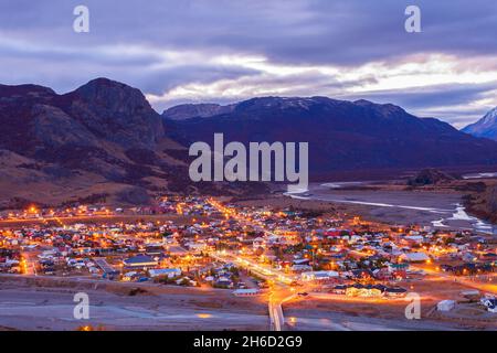 El Chalten town aerial panoramic view at night. El Chalten located in Patagonia in Argentina. Stock Photo