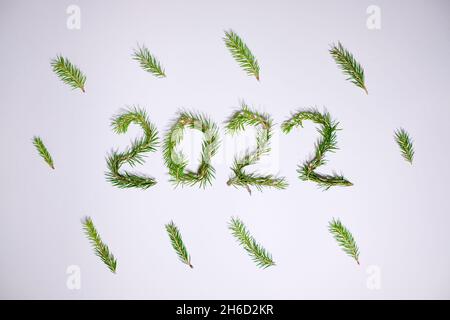 Lightbox with 2022 numbers handmade from Christmas tree branches. Stock Photo