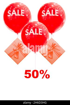 Three balloons with the inscription of sale. The average inflatable ball is tied to a five-deset of interest discount. Day discounts and sales. Stock Photo