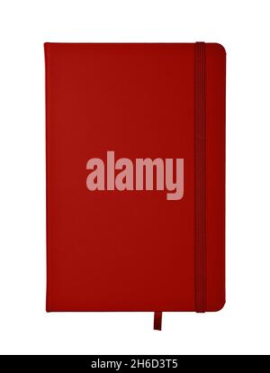 Closed maroon red faux leather cover notebook isolated on white background, flat lay, directly above Stock Photo
