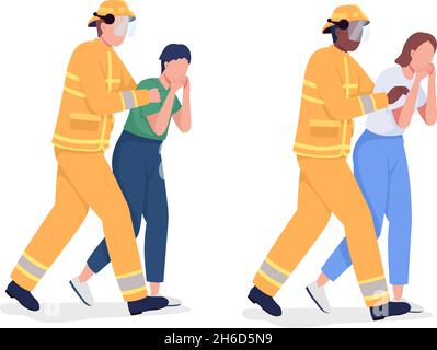 Firefighter evacuating people semi flat color vector characters set Stock Vector