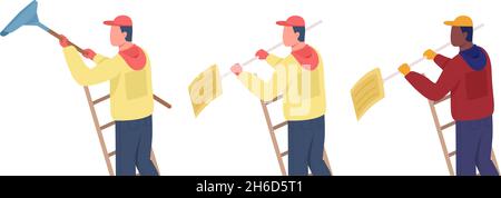 Cleaner on ladder semi flat color vector characters set Stock Vector